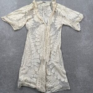 RENJO Ivory Lace Kimono Cardigan Duster Boho Sheer Short Sleeve Size S